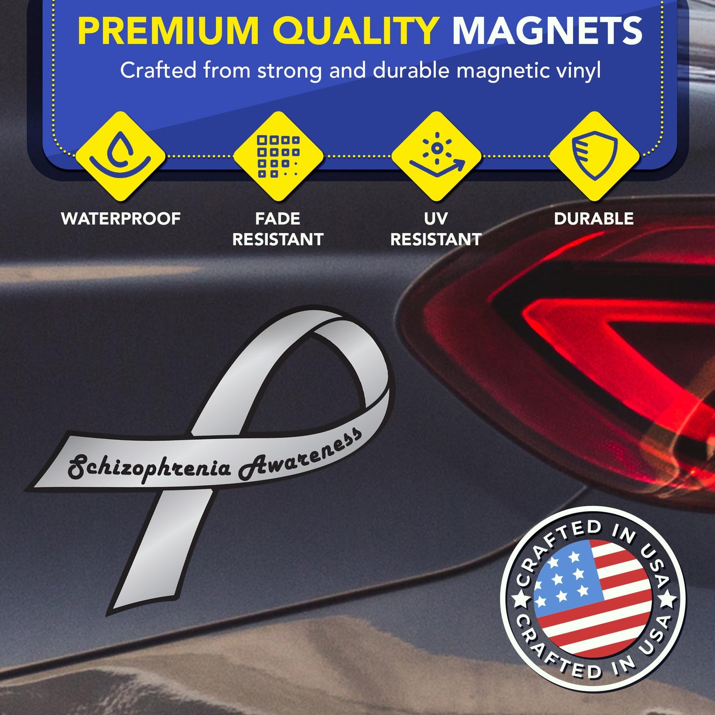 Magnet Me Up Schizophrenia Awareness Ribbon Car Magnet, 3.5"x7" Silver Mental Health Magnetic Decal for Car, Truck, SUV, Automotive Gift Accessory for Support, UV Printed Vinyl, Crafted in USA