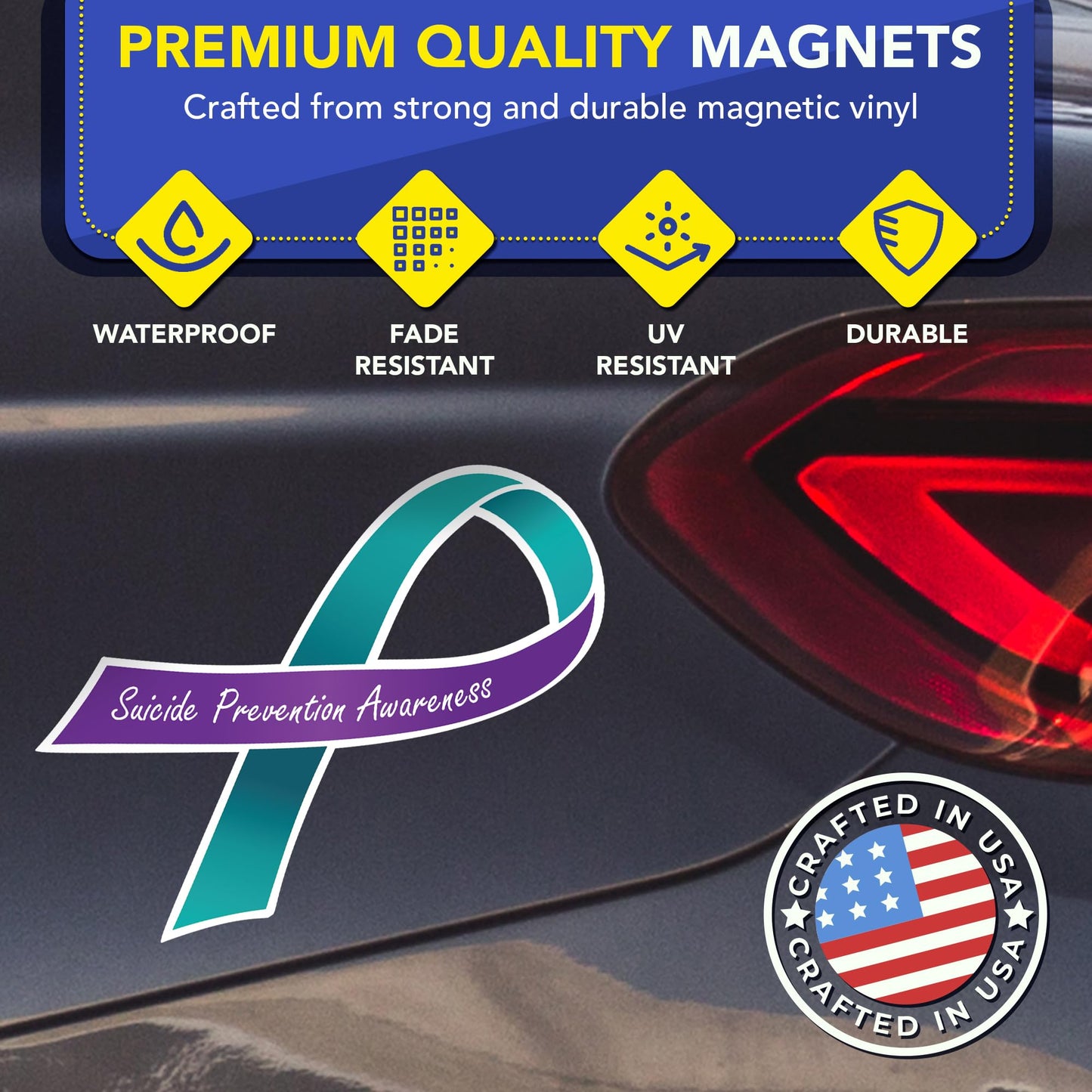 Magnet Me Up Suicide Prevention Awareness Ribbon Car Magnet, 3.5"x7" Teal and Purple Magnetic Decal for Car, Truck and SUV, Automotive Gift Accessory for Support, UV Printed Vinyl, Crafted in USA