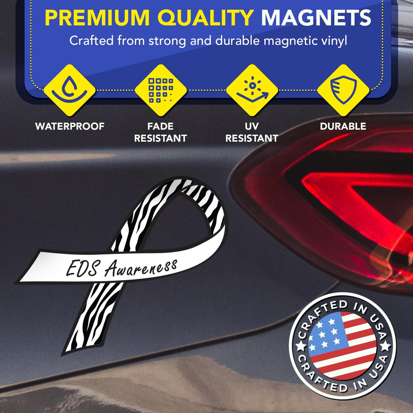 Magnet Me Up Ehlers-Danlos Syndrome (EDS) Awareness Car Magnet, 3.5"x7" Zebra Print Ribbon Magnetic Decal for Cars, Trucks and SUVs, EDS Support Heavy Duty Accessory, UV Printed, Crafted in USA