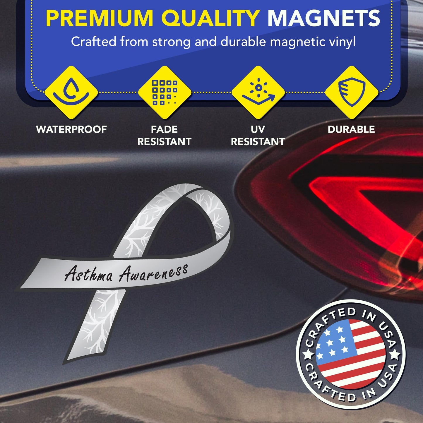 Magnet Me Up Asthma Awareness Ribbon Car Magnet, 3.5"x7" Gray Ribbon Magnetic Decal for Automotive, Asthma Support Heavy Duty Gift Accessory, Waterproof, Full Color UV Printed, Crafted in USA