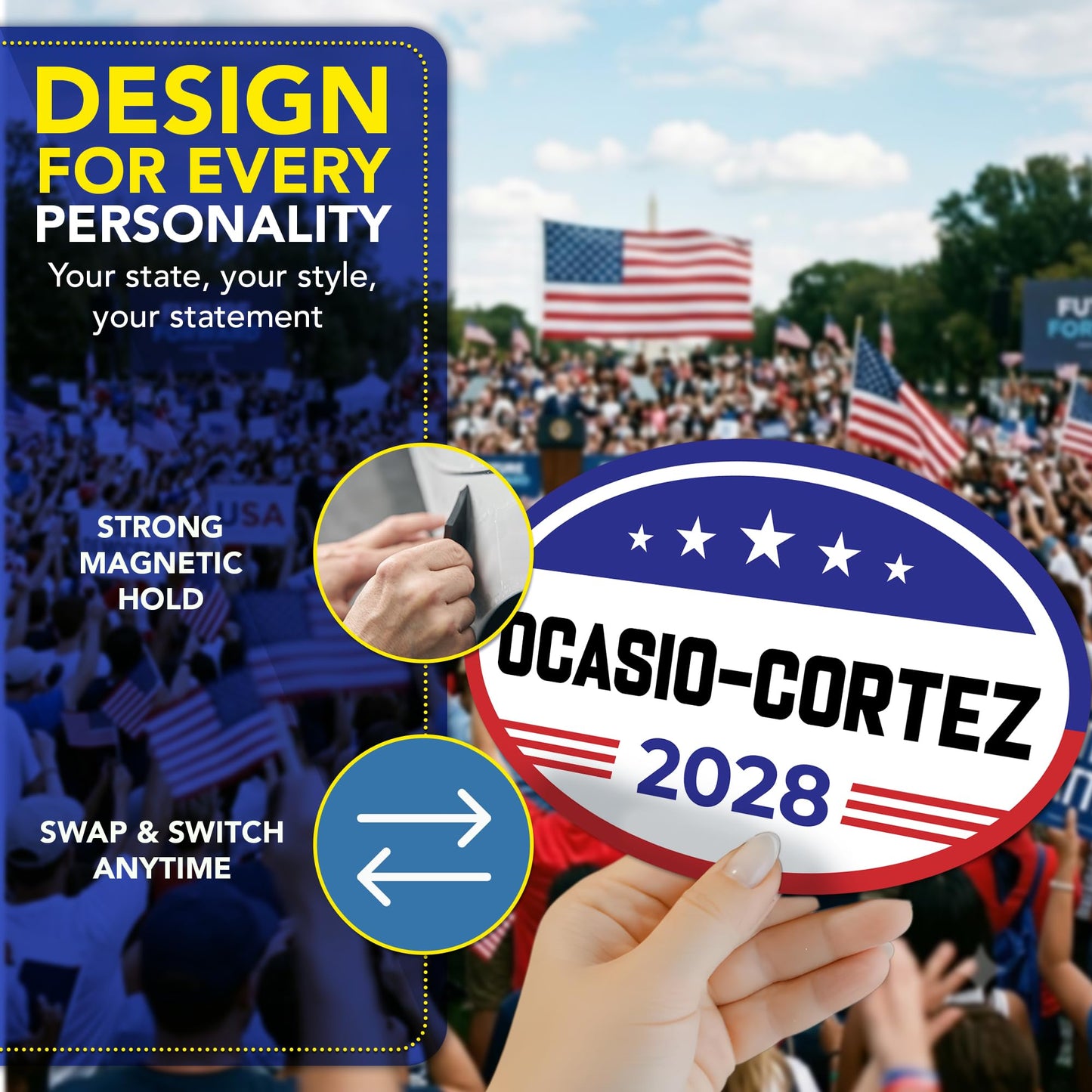 Magnet Me Up Alexandria Ocasio-Cortez Democrat Supporter Car Magnet 4"x6" American Flag Oval Political Campaign Magnetic Decal for Car, Truck, SUV, Bumper Accessory, UV Printed, Crafted in USA