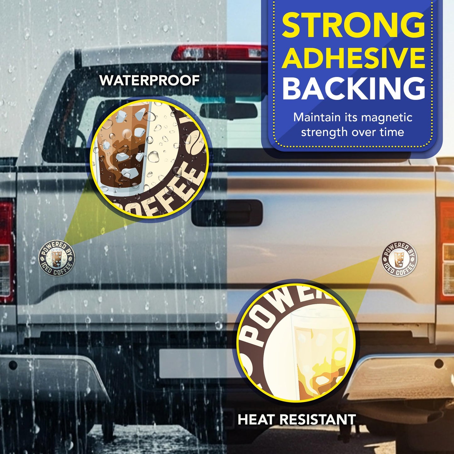 Magnet Me Up Powered by Iced Coffee Car Magnet, 5 Inches Round Funny Coffee Lover Magnetic Decal for Vehicles, Refrigerators, Heavy Duty Bumper Accessory, UV Printed Vinyl, Crafted in the USA
