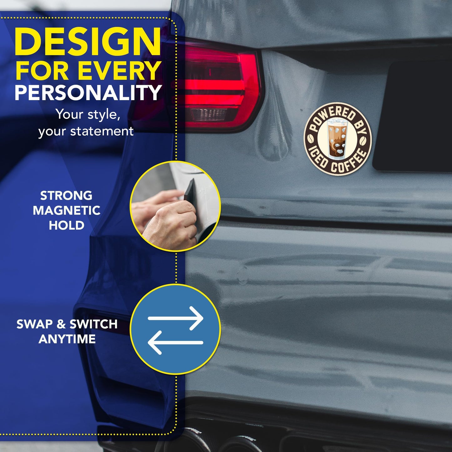 Magnet Me Up Powered by Iced Coffee Car Magnet, 5 Inches Round Funny Coffee Lover Magnetic Decal for Vehicles, Refrigerators, Heavy Duty Bumper Accessory, UV Printed Vinyl, Crafted in the USA