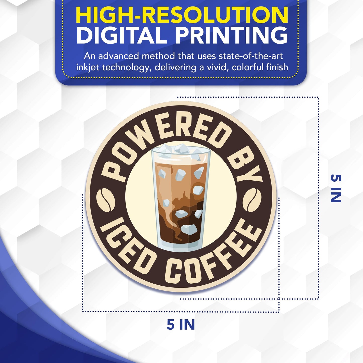 Magnet Me Up Powered by Iced Coffee Car Magnet, 5 Inches Round Funny Coffee Lover Magnetic Decal for Vehicles, Refrigerators, Heavy Duty Bumper Accessory, UV Printed Vinyl, Crafted in the USA