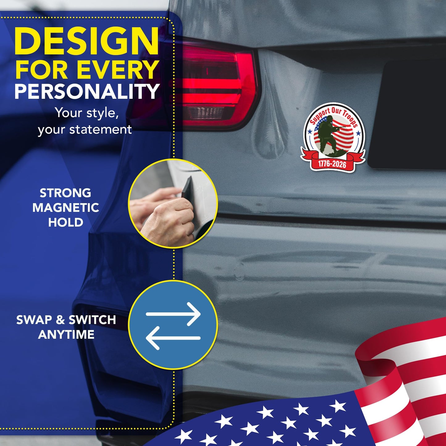 Magnet Me Up Support Our Troops 1776-2026 Car Magnet, 5 Inches Magnetic Decal for Cars, Trucks and SUVs, American Flag Military Bumper Accessory, UV Printed Weatherproof Vinyl, Crafted in the USA
