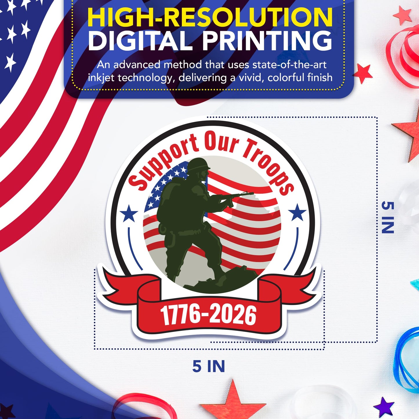 Magnet Me Up Support Our Troops 1776-2026 Car Magnet, 5 Inches Magnetic Decal for Cars, Trucks and SUVs, American Flag Military Bumper Accessory, UV Printed Weatherproof Vinyl, Crafted in the USA