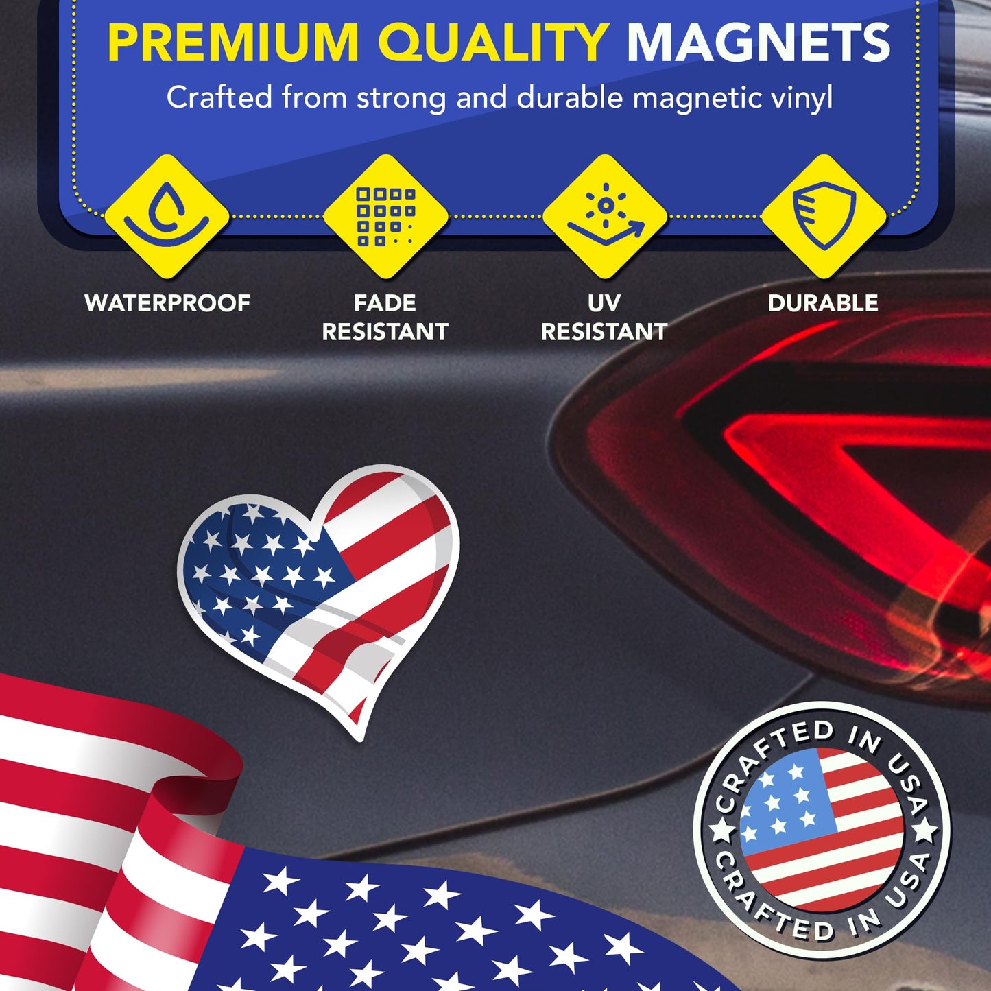 Magnet Me Up American Flag Heart Car Magnet, 4.6"x5" Patriotic USA Magnetic Decal for Vehicles, Heart Shaped American Flag Bumper Accessory, UV Printed Weatherproof Vinyl, Crafted in the USA