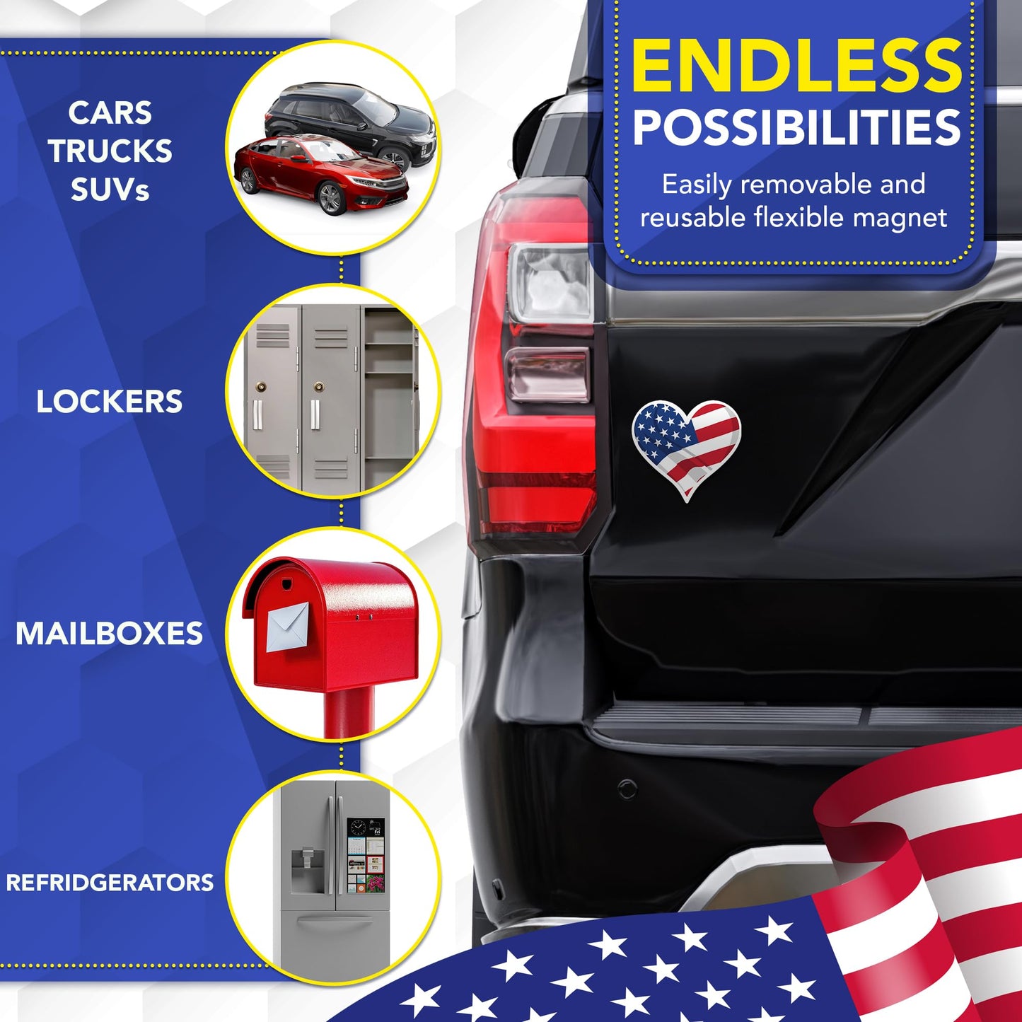 Magnet Me Up American Flag Heart Car Magnet, 4.6"x5" Patriotic USA Magnetic Decal for Vehicles, Heart Shaped American Flag Bumper Accessory, UV Printed Weatherproof Vinyl, Crafted in the USA