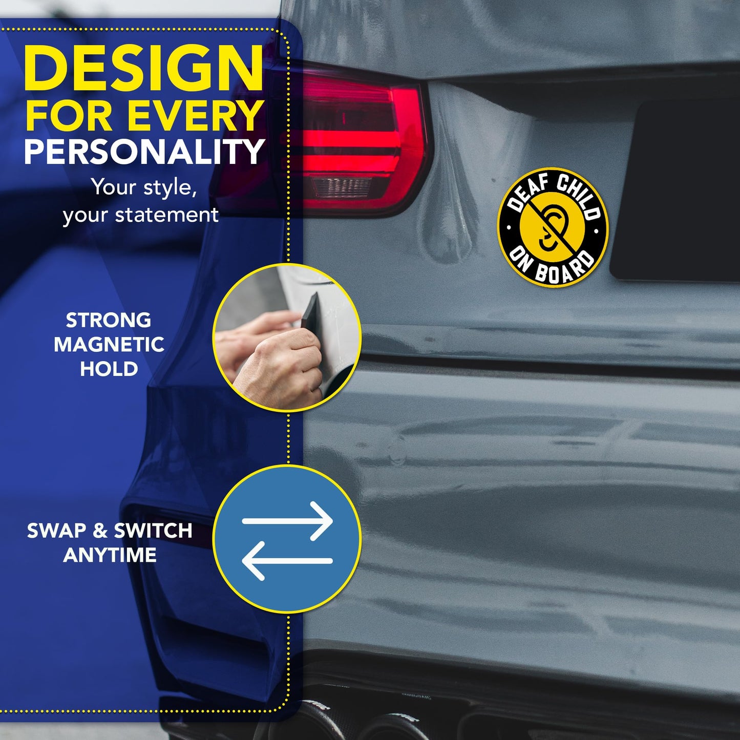 Magnet Me Up Deaf Child on Board Car Magnet, 5 Inches Round Reflective Style Safety Magnetic Decal for Cars, Trucks & SUVs, Heavy Duty Automotive Bumper Accessory, UV Printed, Crafted in the USA
