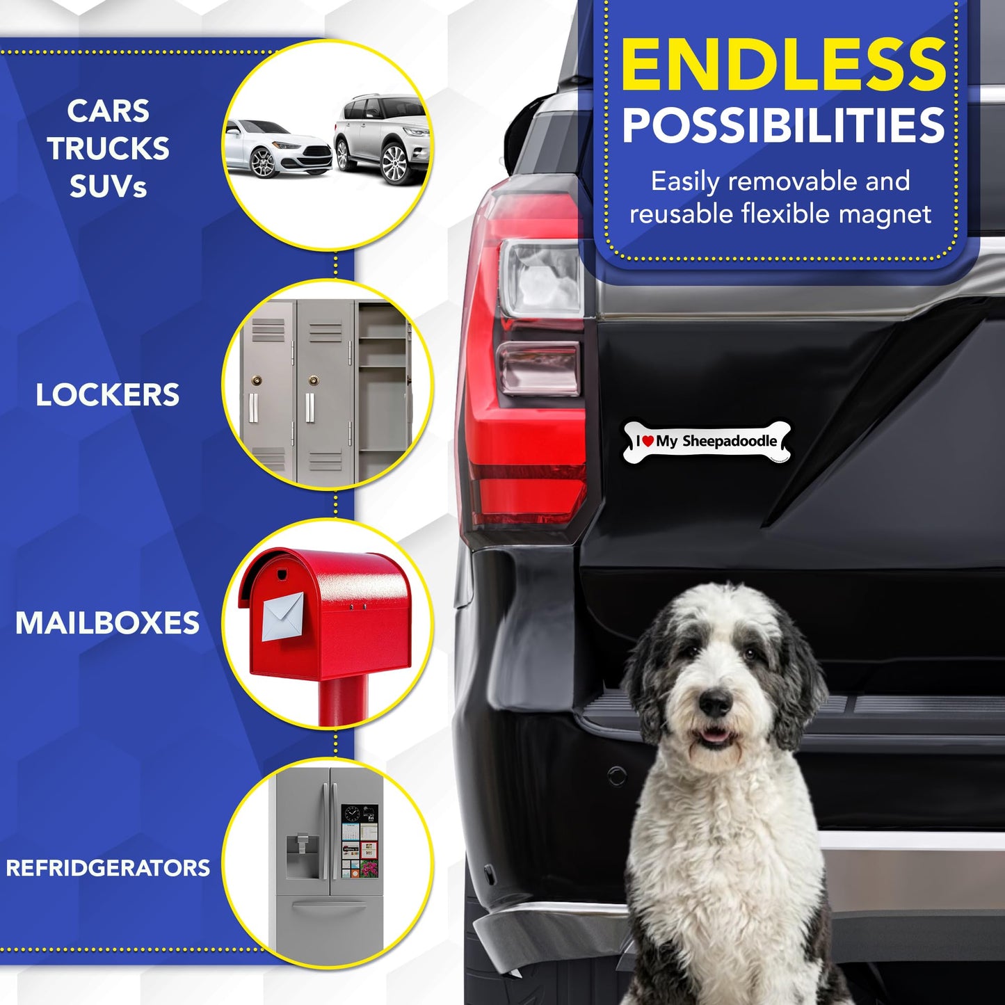 Magnet Me Up I Love My Sheepadoodle Bone Shaped Magnetic Car Magnet - 2x7 Inches, Magetic Decal for Cars, Trucks and SUVs Accessory Gifts for Dog Lovers, Waterproof UV Printed, Crafted in USA