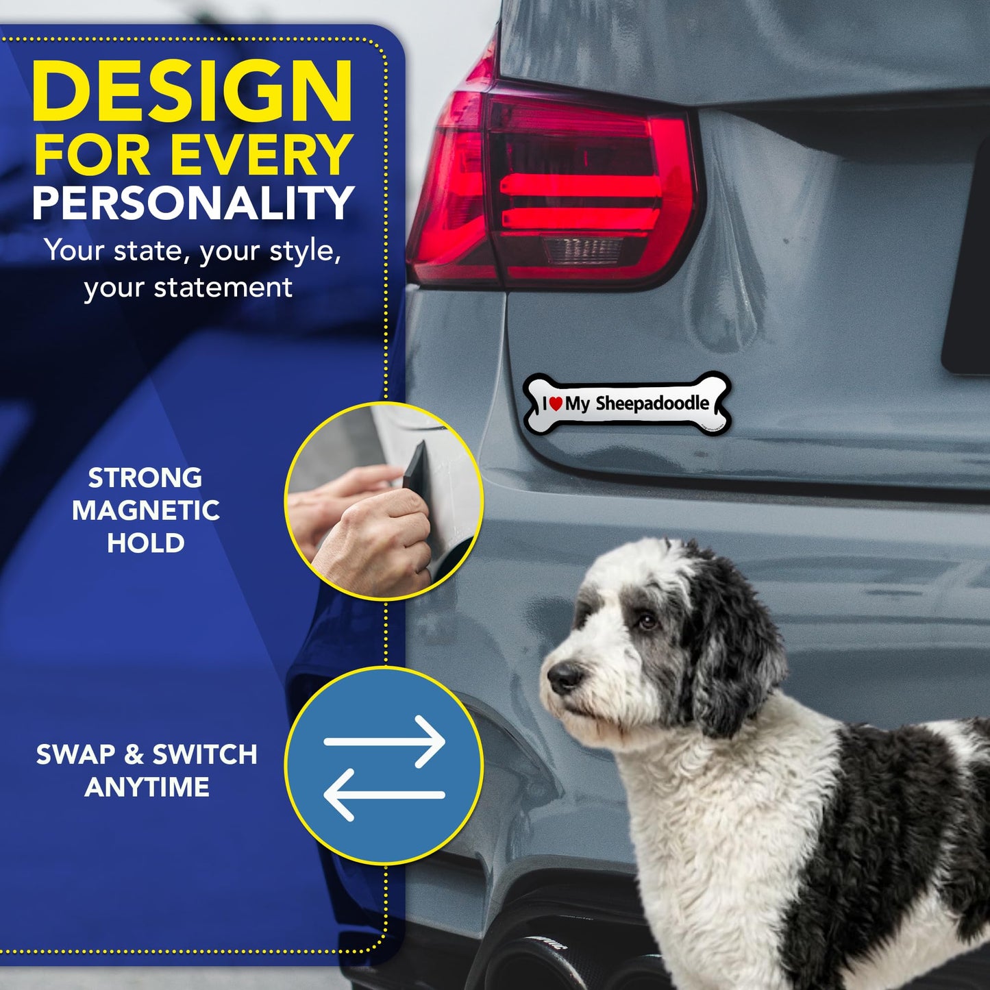 Magnet Me Up I Love My Sheepadoodle Bone Shaped Magnetic Car Magnet - 2x7 Inches, Magetic Decal for Cars, Trucks and SUVs Accessory Gifts for Dog Lovers, Waterproof UV Printed, Crafted in USA