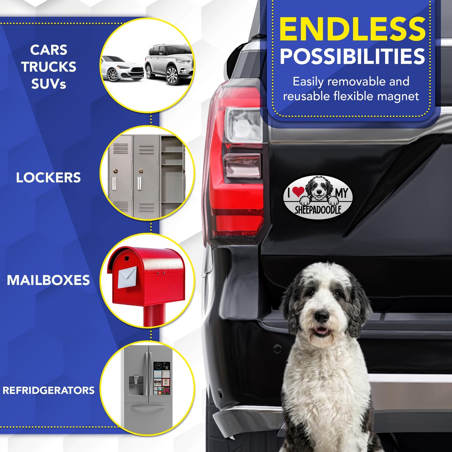 Magnet Me Up I Love My Sheepadoodle Oval Shaped Magnetic Car Magnet - 4x6 Inches, Magetic Decal for Cars, Trucks and SUVs Accessory Gifts for Dog Lovers, Waterproof UV Printed, Crafted in USA