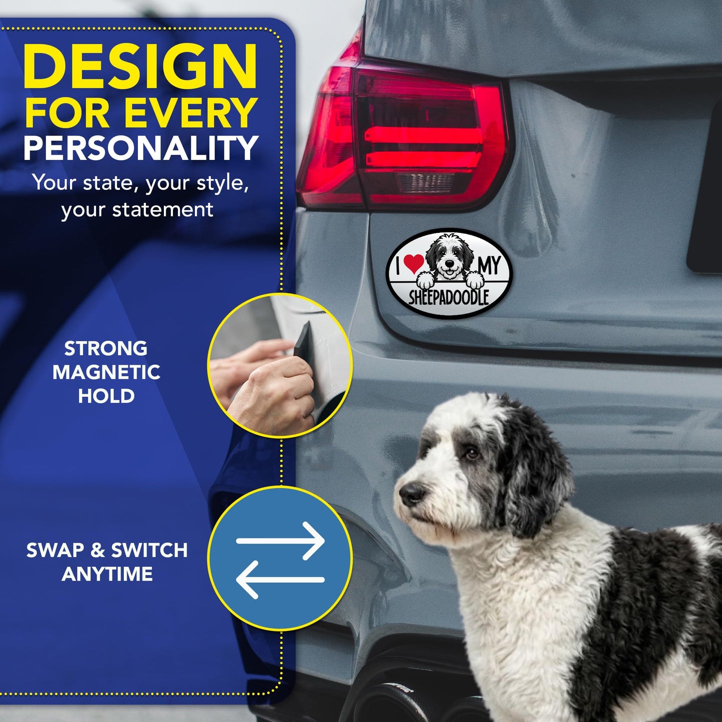 Magnet Me Up I Love My Sheepadoodle Oval Shaped Magnetic Car Magnet - 4x6 Inches, Magetic Decal for Cars, Trucks and SUVs Accessory Gifts for Dog Lovers, Waterproof UV Printed, Crafted in USA