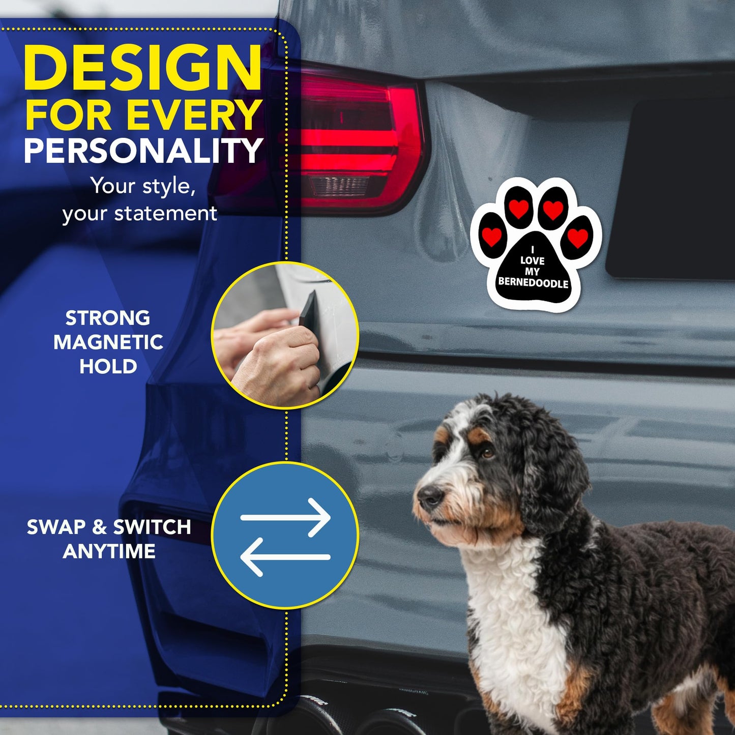 Magnet Me Up I Love My Bernedoodle Pawprint Shaped Car Magnet - 5 Inches Dog Lovers Refrigerator Accessory Gift, Magnetic Decal for Cars, Trucks, and SUVs, Waterproof, UV Printed, Crafted in USA