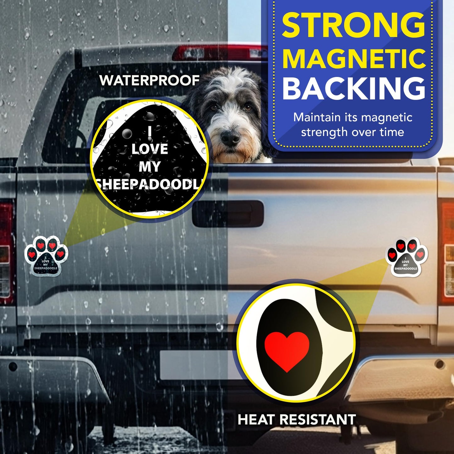 Magnet Me Up I Love My Sheepadoodle Pawprint Shaped Magnetic Car Magnet - 5 Inches, Magetic Decal for Cars, Trucks and SUVs Accessory Gifts for Dog Lovers, Waterproof UV Printed, Crafted in USA