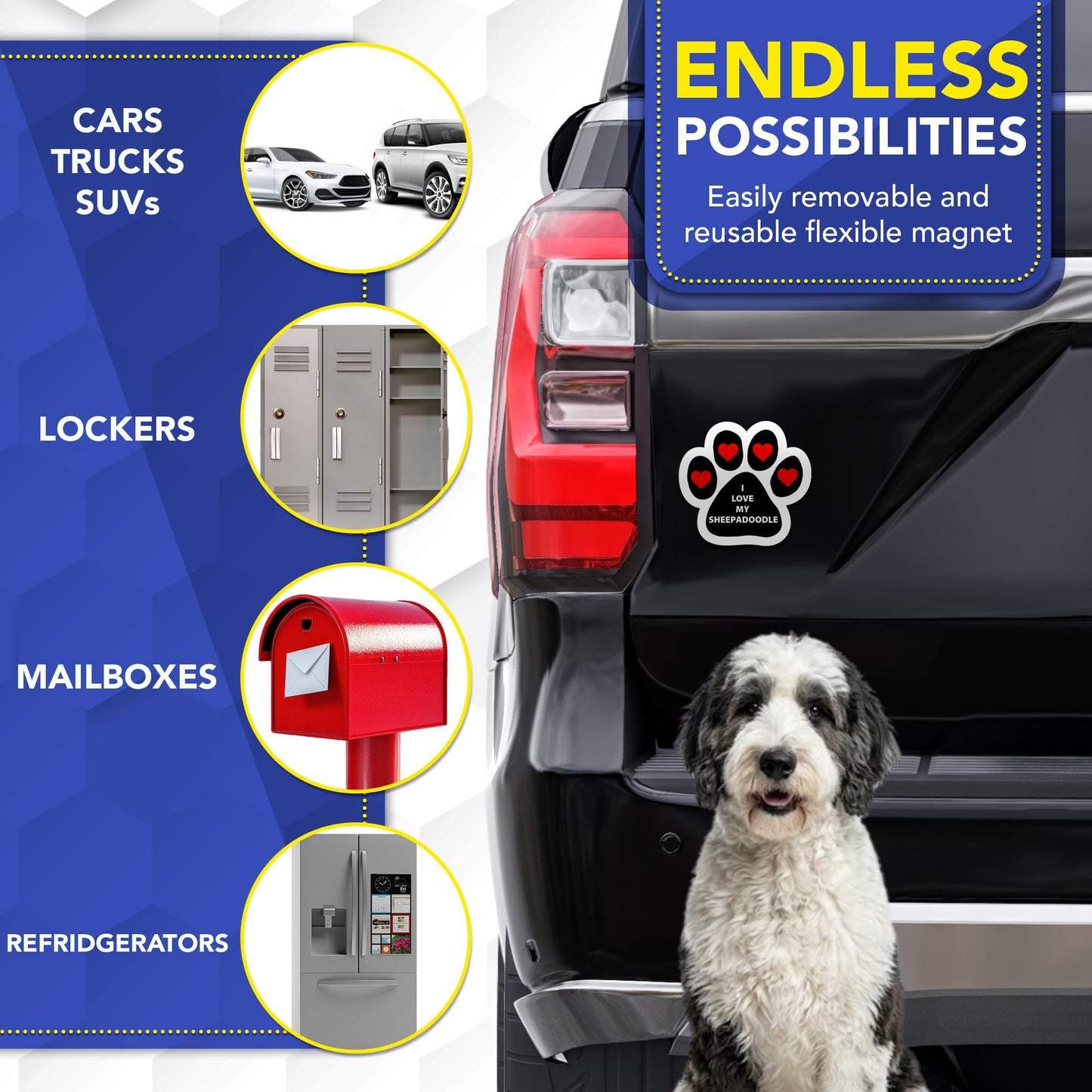 Magnet Me Up I Love My Sheepadoodle Pawprint Shaped Magnetic Car Magnet - 5 Inches, Magetic Decal for Cars, Trucks and SUVs Accessory Gifts for Dog Lovers, Waterproof UV Printed, Crafted in USA