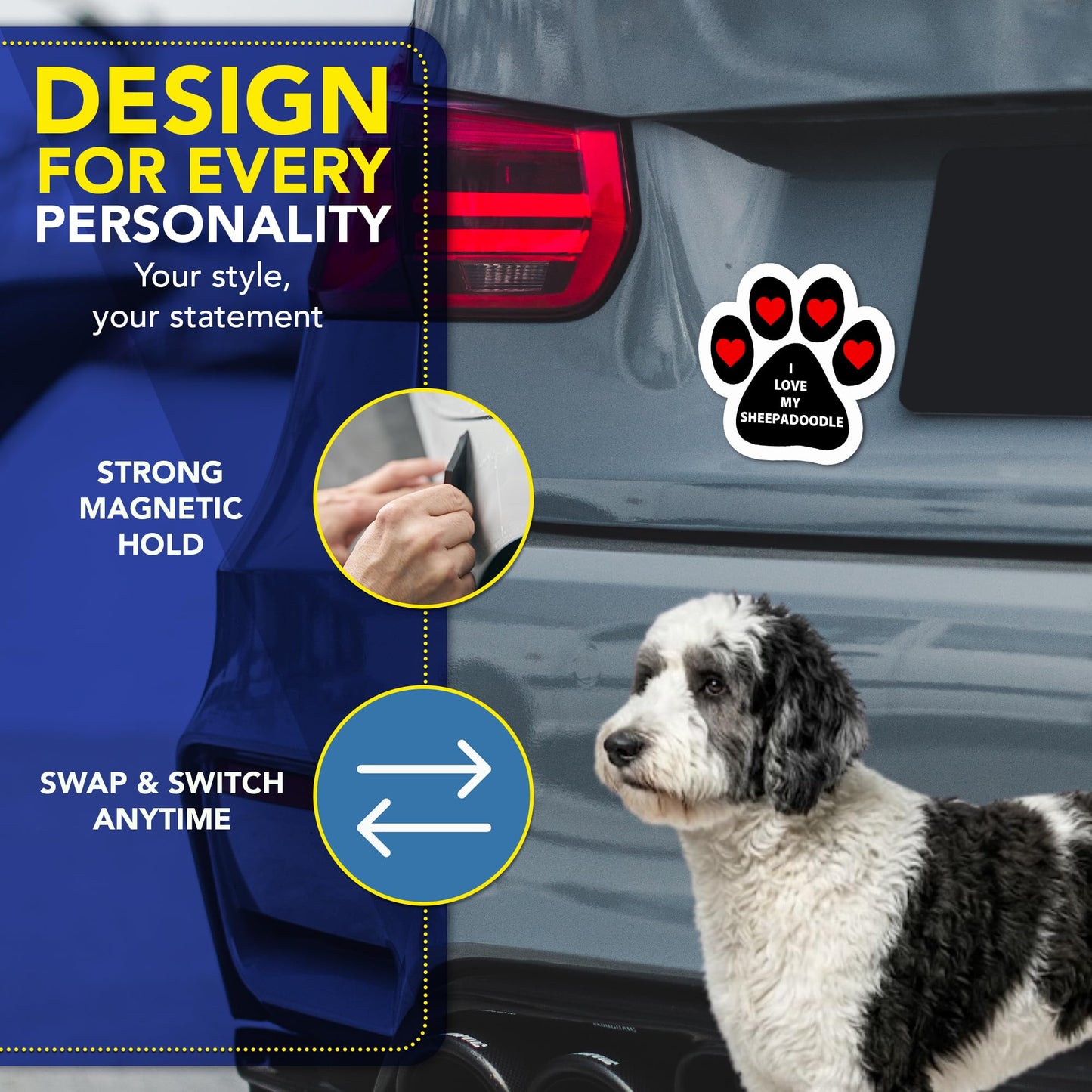 Magnet Me Up I Love My Sheepadoodle Pawprint Shaped Magnetic Car Magnet - 5 Inches, Magetic Decal for Cars, Trucks and SUVs Accessory Gifts for Dog Lovers, Waterproof UV Printed, Crafted in USA