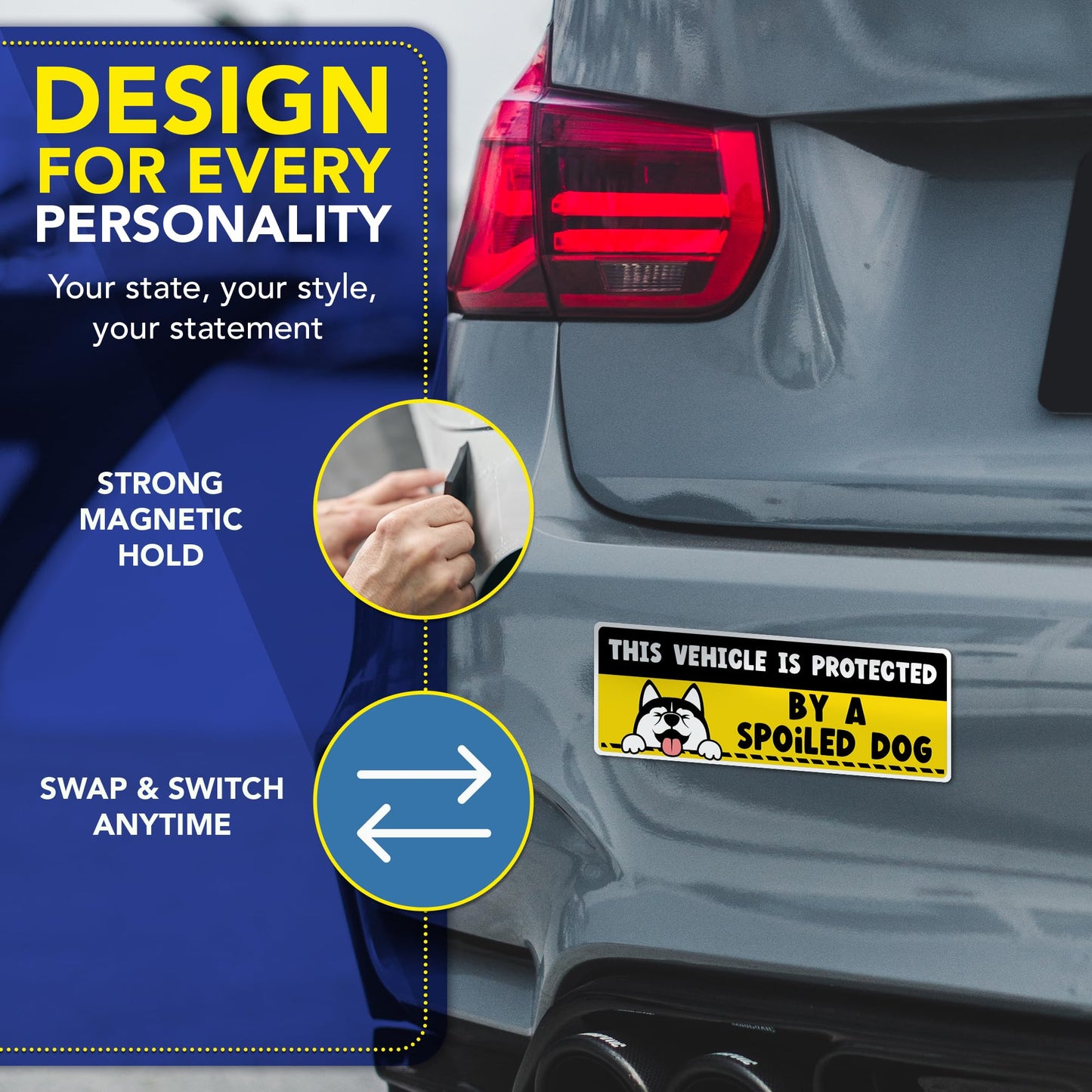 Magnet Me Up This Vehicle is Protected By A Spoiled Dog Funny Car Magnet, 3"x8" Magnetic Decal for Cars, Trucks and SUVs, Removable Vehicle Accessory Sign for Pet Lover, UV Printed, Crafted in USA