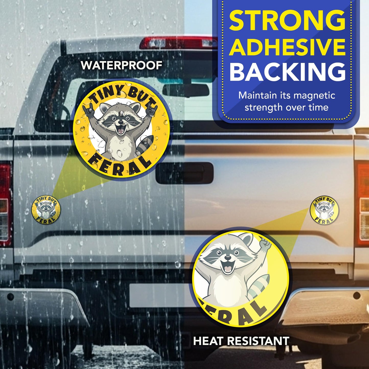 Tiny But Feral Car Magnet, 5" Round Funny Racoon Vehicle Magnet, Waterproof