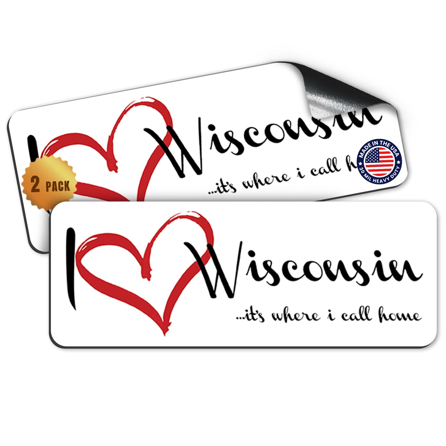 I Love (Heart) Wisconsin, 3x8 Inch Car Magnet Decal, 2 Pack