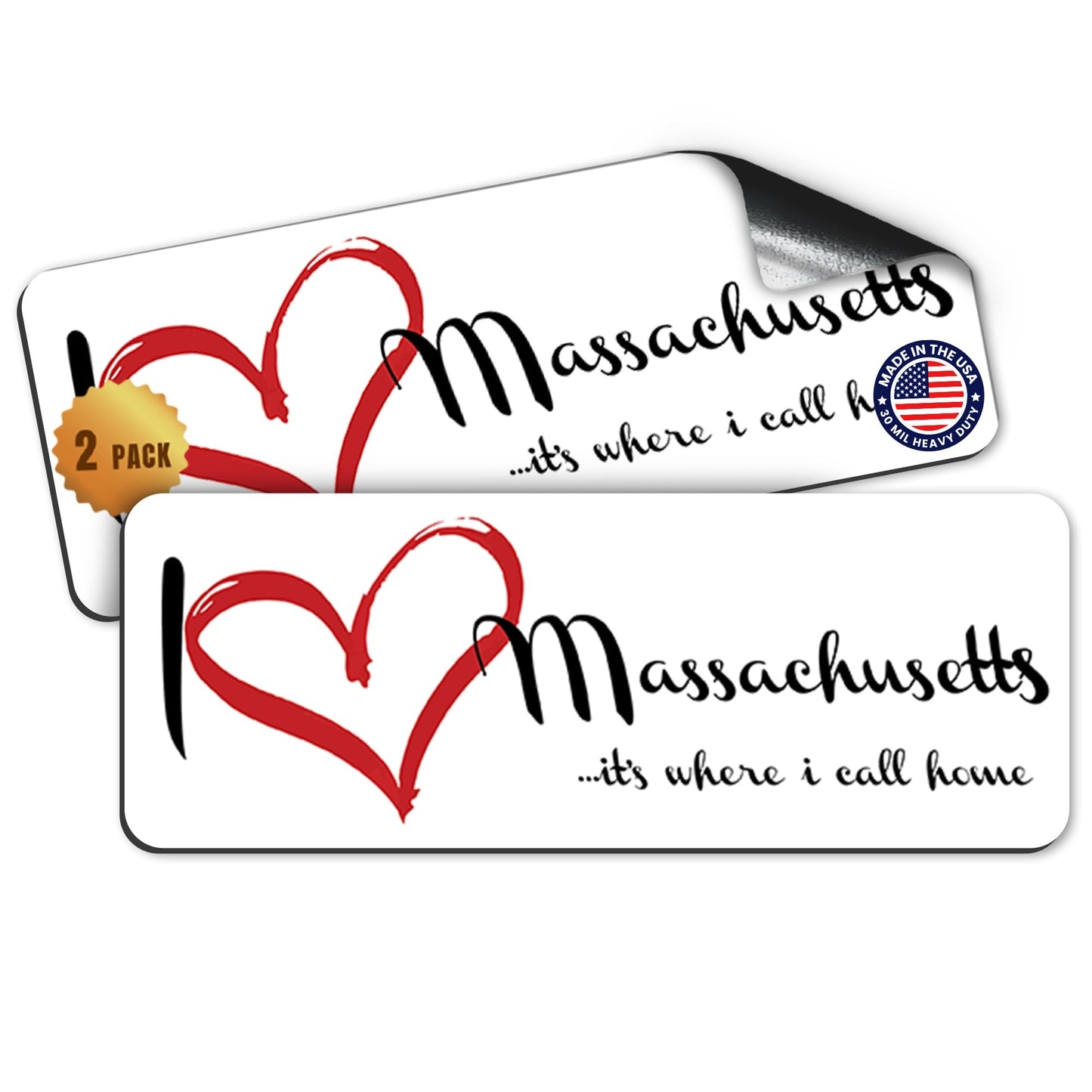 Magnet Me Up I Love (Heart) Massachusetts, 3x8 Inch Car Magnet, 2 Pack