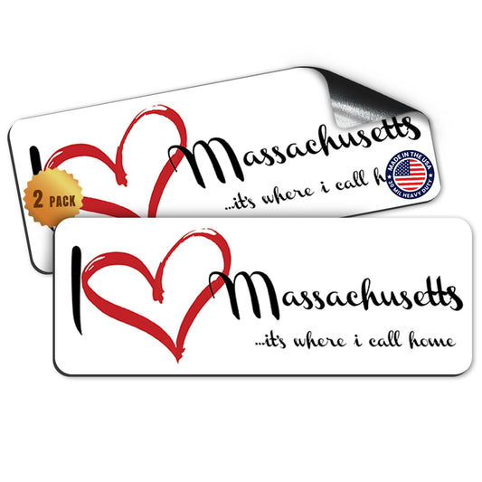 Magnet Me Up I Love (Heart) Massachusetts, 3x8 Inch Car Magnet, 2 Pack