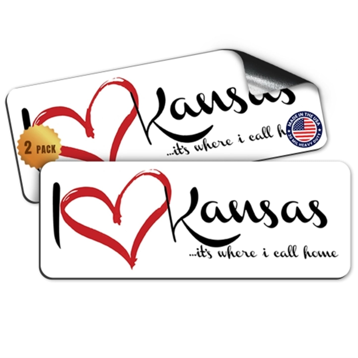 Magnet Me Up I Love (Heart) Kansas, 3x8 Inch Car Magnet Decal, 2 Pack