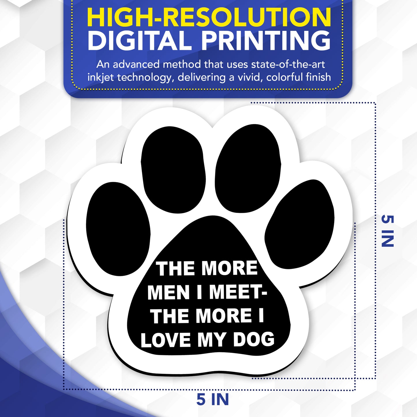Magnet Me Up The More Men I Meet The More I Love My Dog Pawprint Magnet Decal, 5 Inch, 2 Pack, Heavy Duty Automotive Magnet for Car Truck SUV