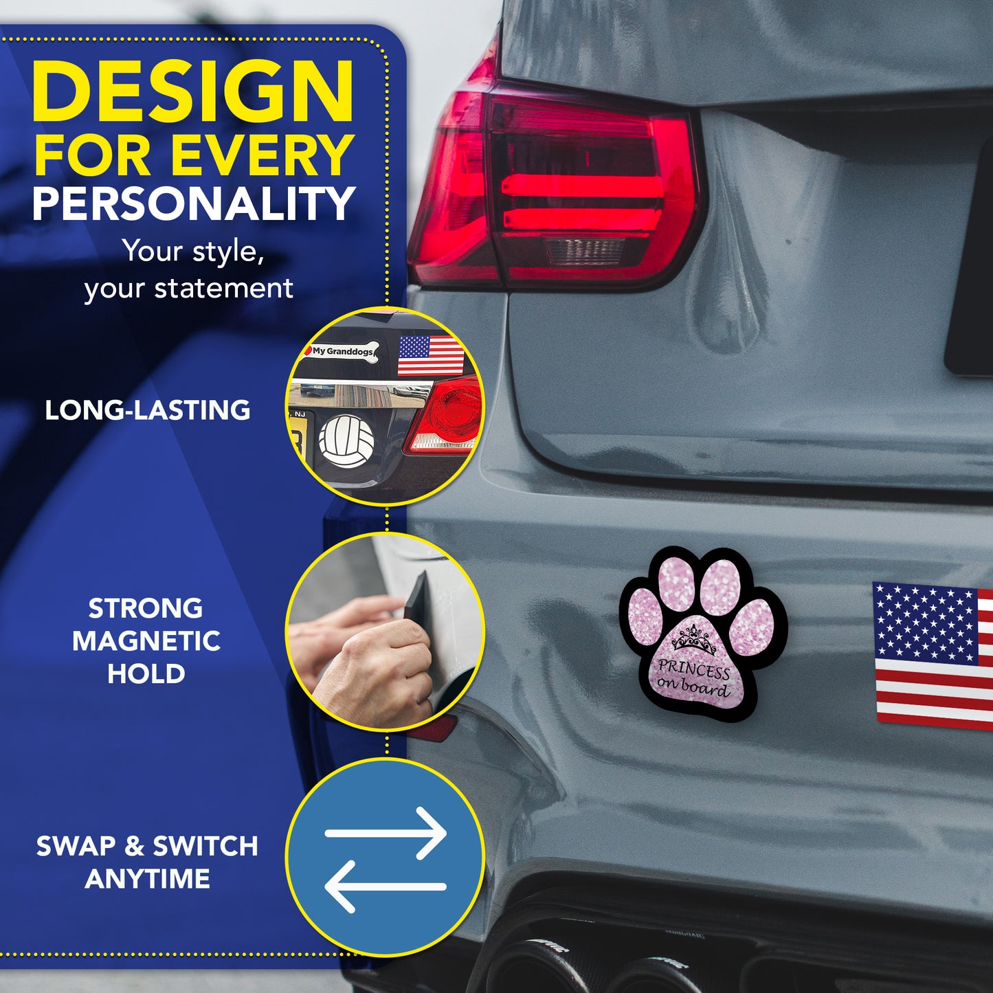 Magnet Me Up Passenger Princess on Board Pink Sparkly Pawprint Magnetic Decal, 5 Inch, 2 Pack, Heavy Duty Automotive Magnet, Add a Touch of Sparkle to Your Car, Truck, SUV, Ideal for Pet Lovers