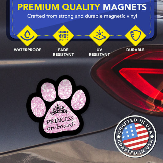 Magnet Me Up Passenger Princess on Board Pink Sparkly Pawprint Magnetic Decal, 5 Inch, 2 Pack, Heavy Duty Automotive Magnet, Add a Touch of Sparkle to Your Car, Truck, SUV, Ideal for Pet Lovers