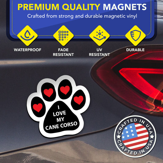 Magnet Me Up I Love My Cane Corso Pup Pawprint Magnetic Decal, 5 Inch, 2 Pack, Heavy Duty Automotive Magnet, Showcase Your Affection for Your Cane Corso Puppy, Ideal for Car, Truck, SUV