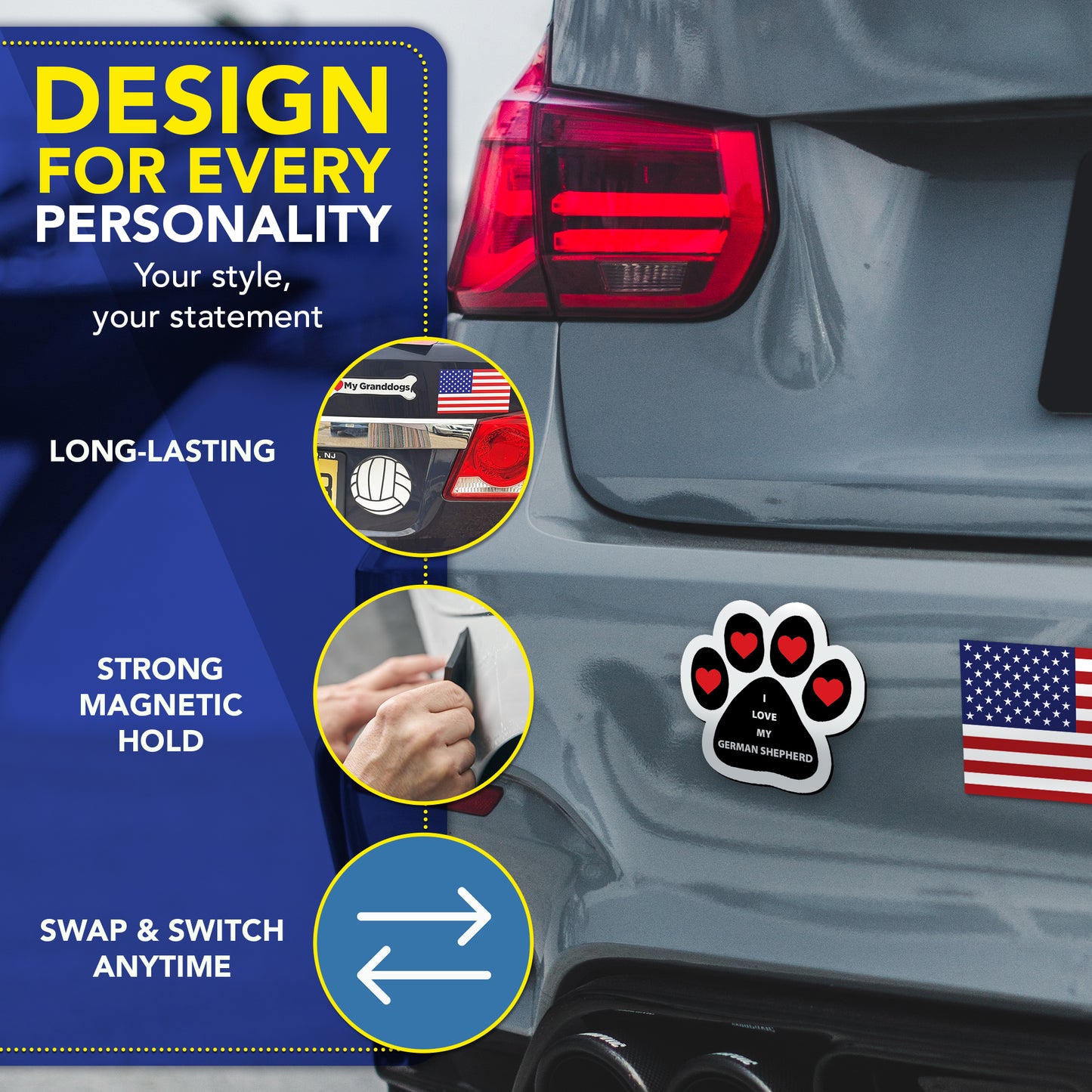 Magnet Me Up I Love My German Shepherd Pawprint Magnetic Decal, 5 Inch, 2 Pack, Heavy Duty Automotive Accessory Magnet for Car Truck and SUV