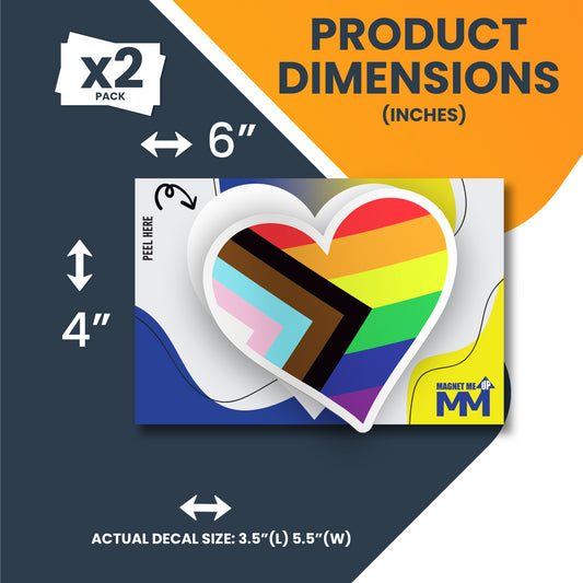 Magnet Me Up LGBTQA Progress Pride Heart Adhesive Decal Sticker, 4 Inches, 2 Pack, Heavy Duty Adhesion to Car Window, Bumper, Etc. Support Gay, Lesbian, Transgender, Bisexual, Queer