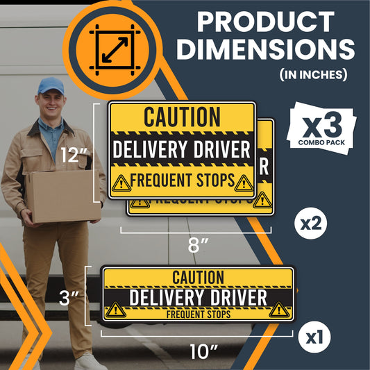 Magnet Me Up Caution Frequent Stops Delivery Driver Automotive Magnet Decal, 3 Pack, Yellow/Black, Two 8x12 inch and One 3x10 inch