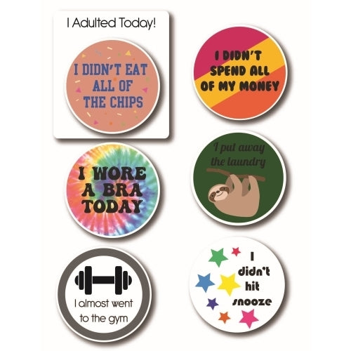 I Adulted Magnet 5 Pack. Includes 1-3.5"x4" Square Magnet and 5- 3" Mini Circles