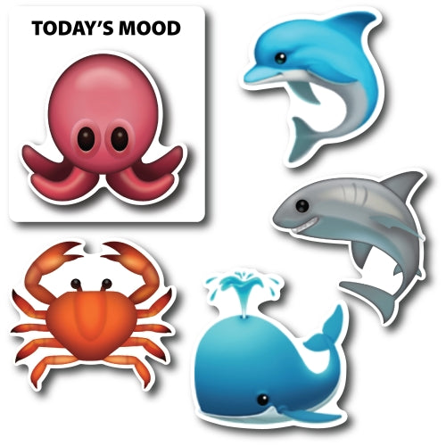Under The Sea Today's Mood 5 Pack Emoticon Magnets, Variety of sea creatures animals Emoticon Decals Perfect for Car or Truck
