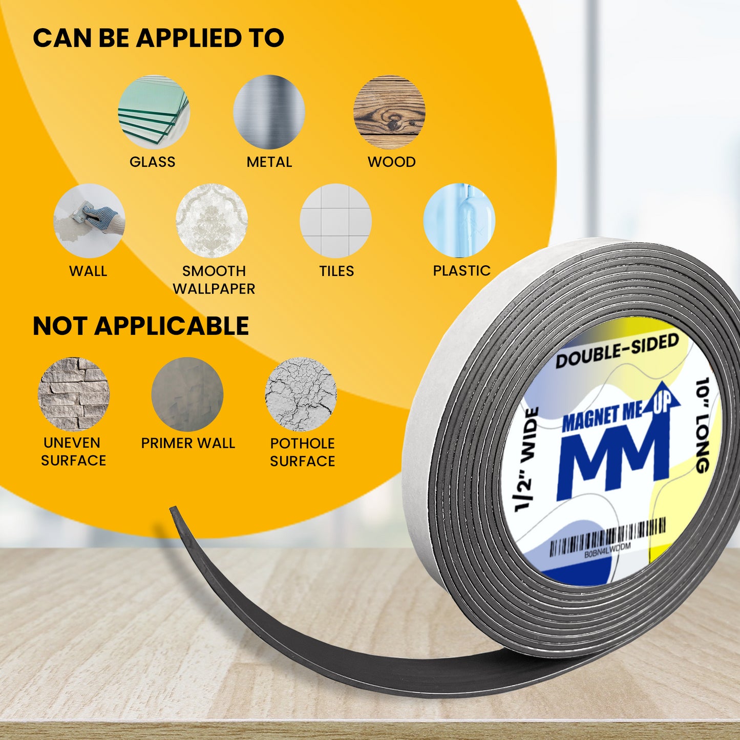 Magnet Me Up Self Adhesive Flexible Magnetic Tape, 1/2 inch Wide, 1/6 inch Thick, 10 ft Long, Vinyl Magnetic Adhesive Roll