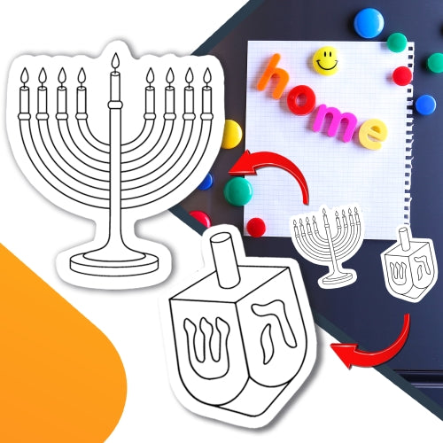 Color Your Own Hanukkah Dreidle and Menorah Magnets, 2 pack, a Great DIY for You or to Share with a Friend, Decorate Magnetic Menorah and Dreidle Refrigerator Magnets